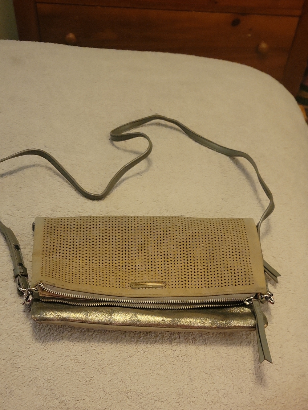 Stella & Dot Beige Perforated Crossbody with Metallic Gold Accent